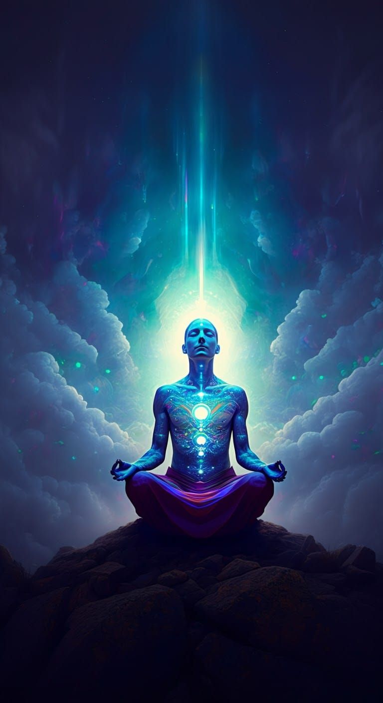 Meditating Figure Radiates Light in Rocky Mountains