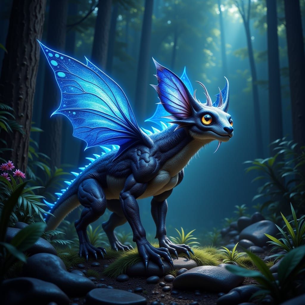 Fantastical Creature in Bioluminescent Forest Digital Painti...