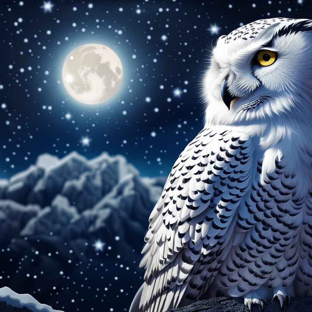 Beautiful Snowy Owl in a Full Moon Night