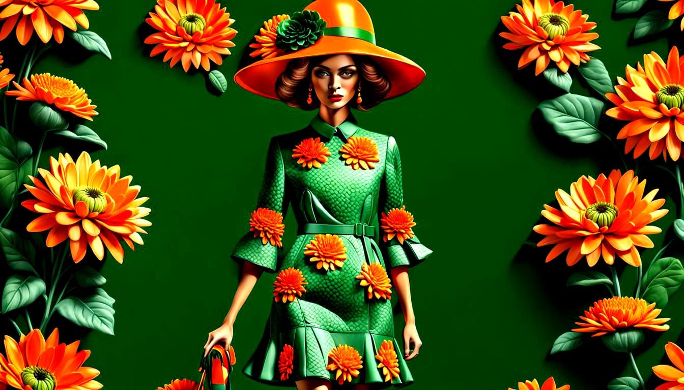Elegant Woman in Orange and Green 3D Render