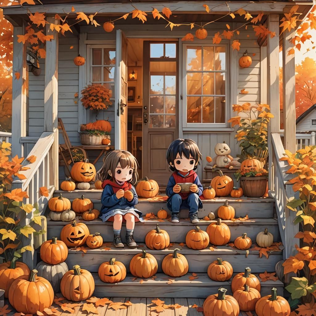 Chibi Children Carving Pumpkins in Autumn Sunset