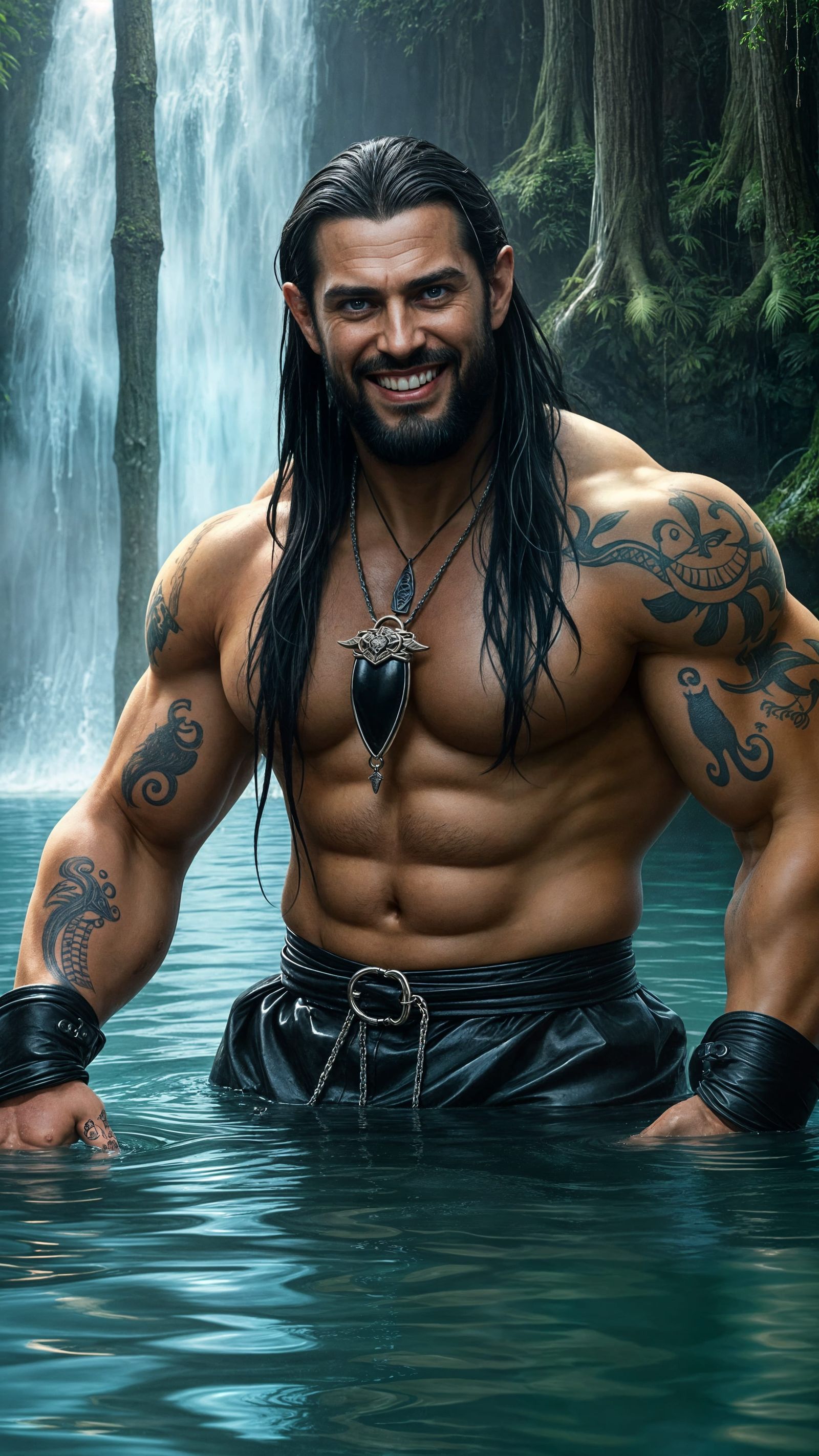 Muscular Male Witch by Waterfall in Magical Forest