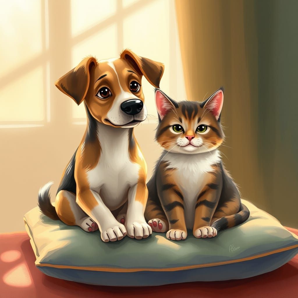 Dog and Cat Friends on Cushion in Warm Light