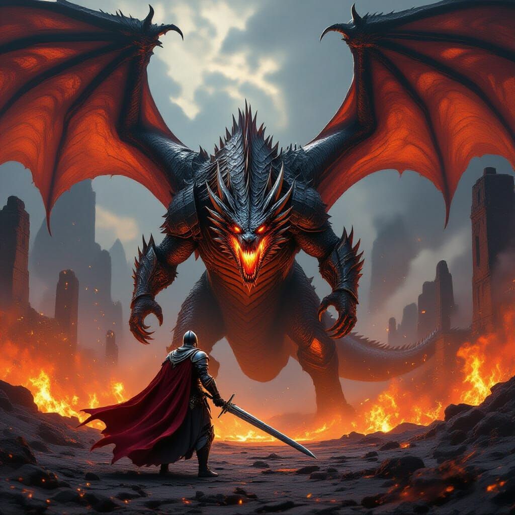Knight vs Dragon: Epic Fantasy Battle in Fiery Landscape