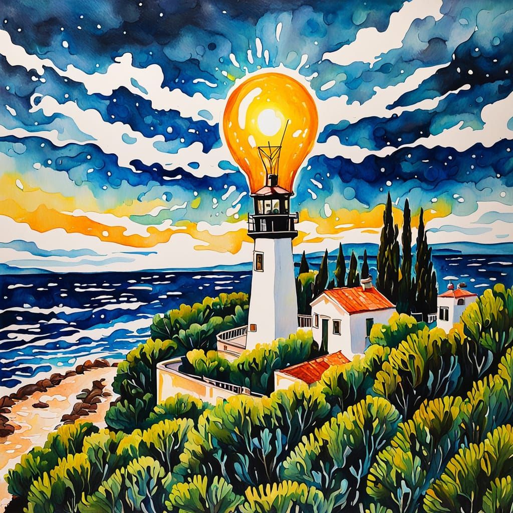 Gouache Painting of Lighthouse with Giant Lightbulb Sky