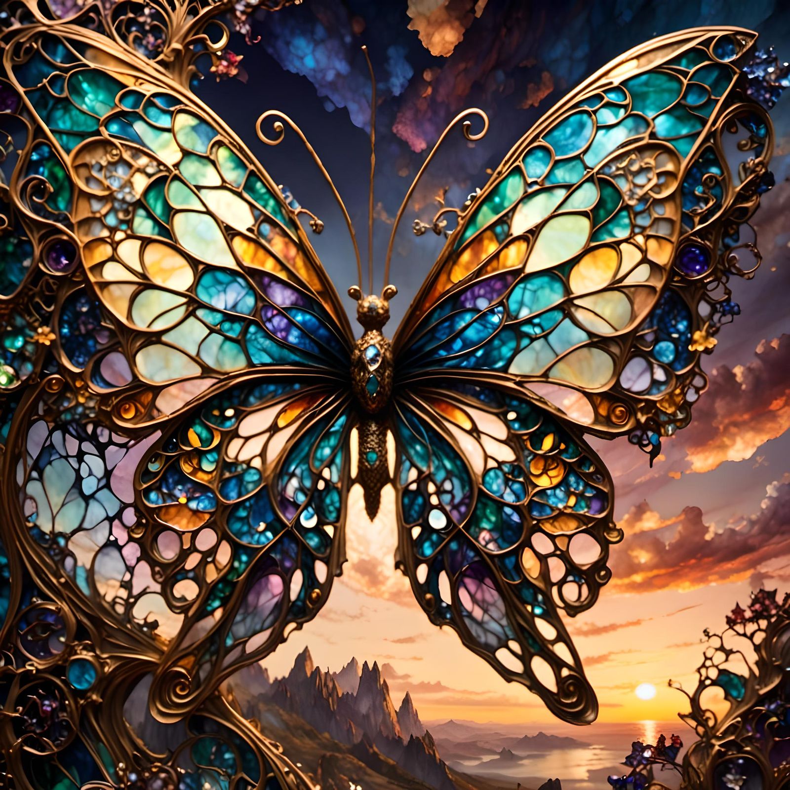 Fantasy Voronoi Butterfly with 3D Wings at Sunset