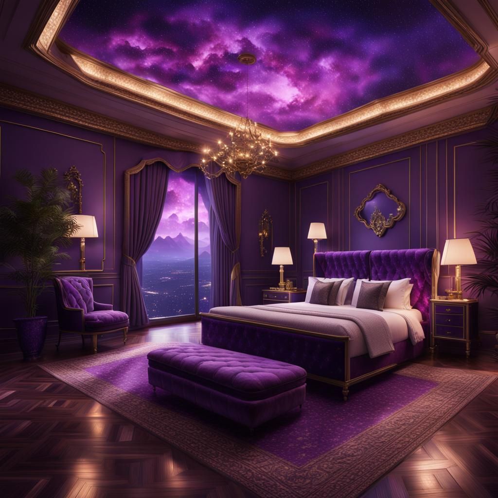 a fancy expensive hotel suite in the purple starry clouds