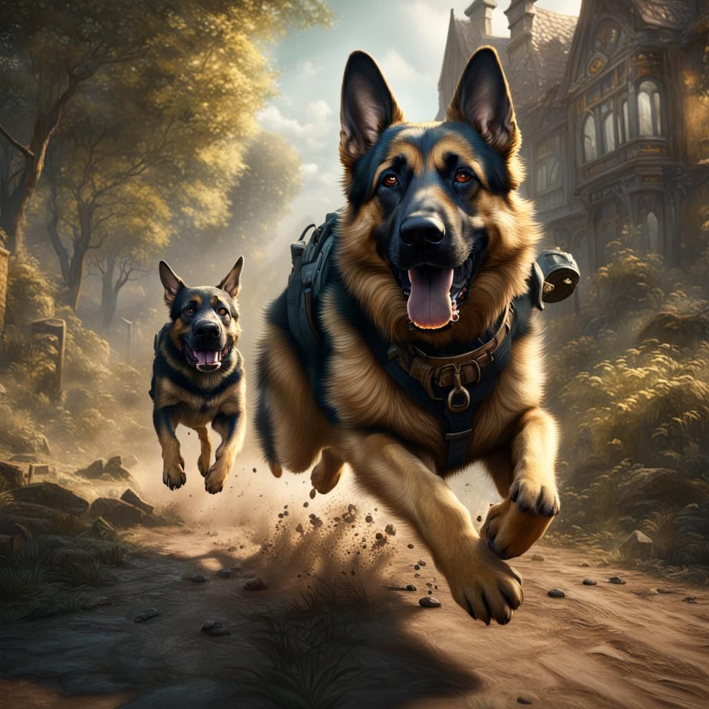 German Shepherd Dog Chase in Fantasy Art Style