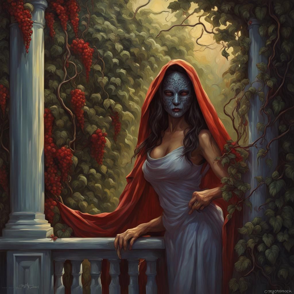 Sinister Assassin Peeking From Vines in Liquid Red
