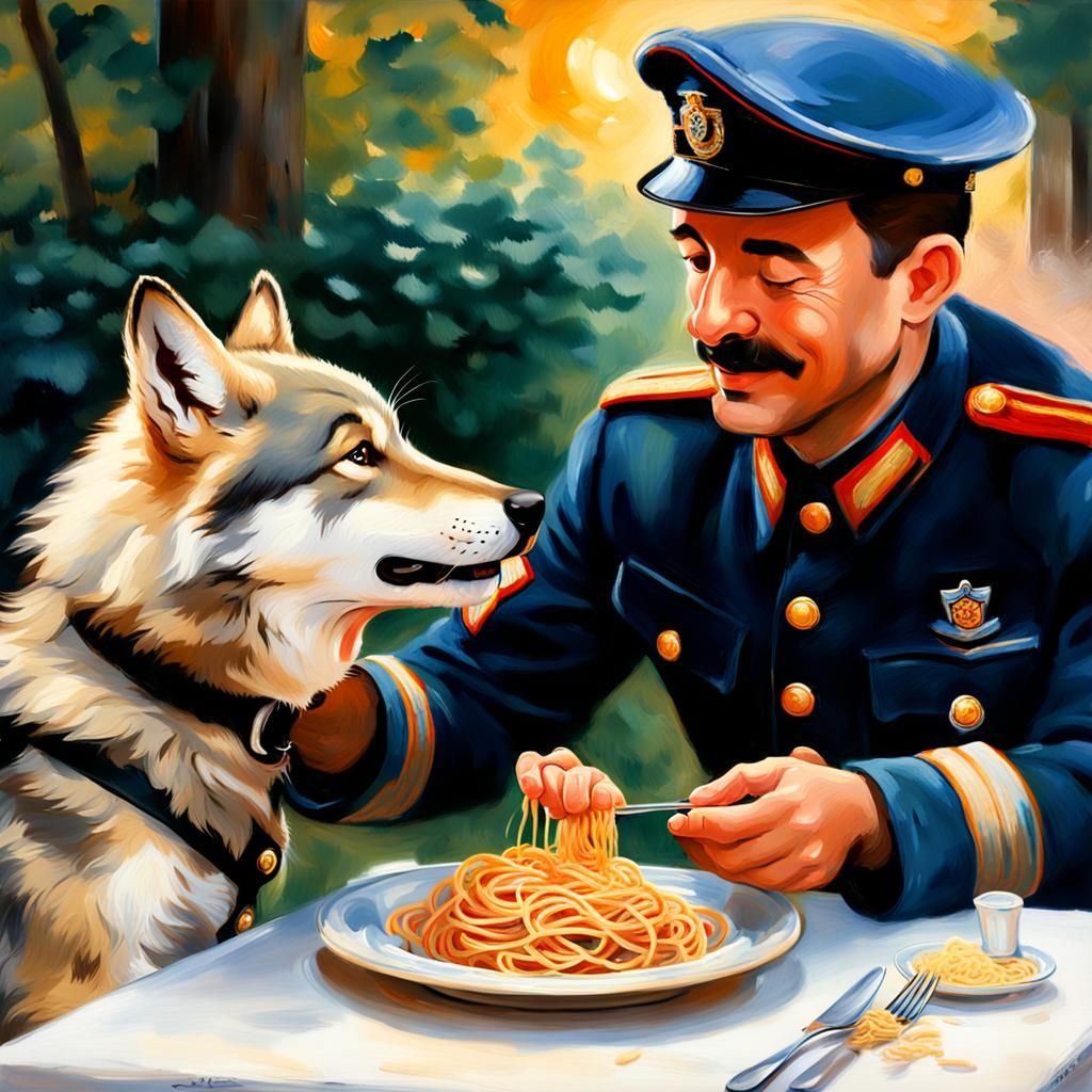 Gendarme and Wolf Puppy Share Spaghetti: Impressionist Paint...