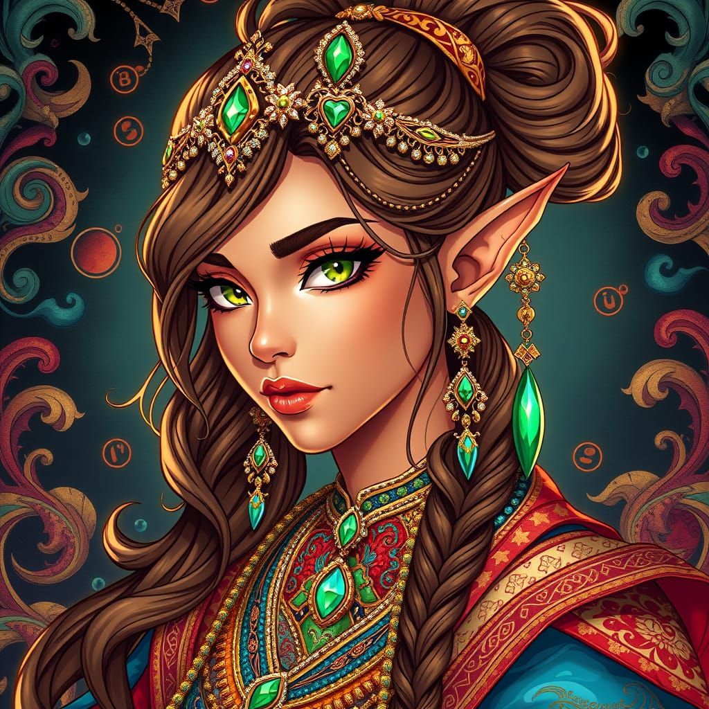 Exotic Half-Elf Bard in Vibrant Anime Portrait