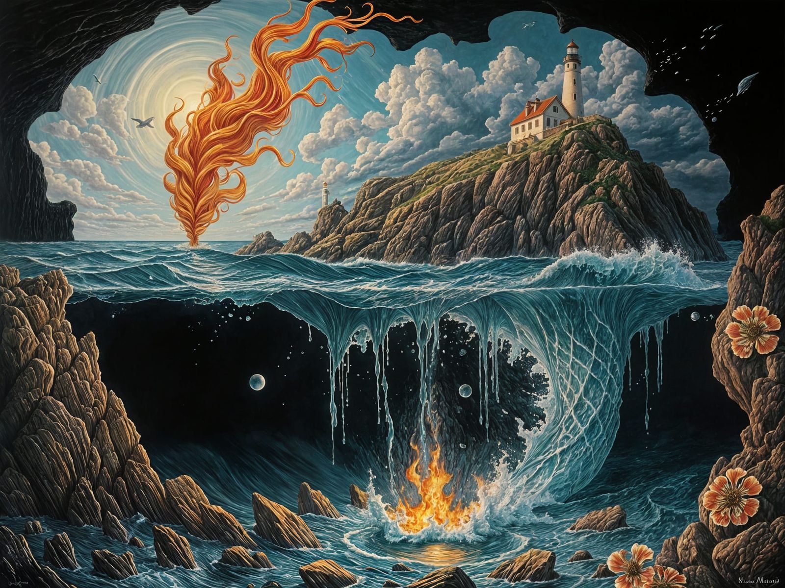 Surreal Mermaid Lighthouse Scene in Melting Oil Style
