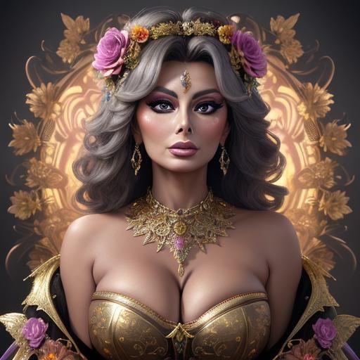 Sophia Loren Portrait with Rainbow Flower Theme