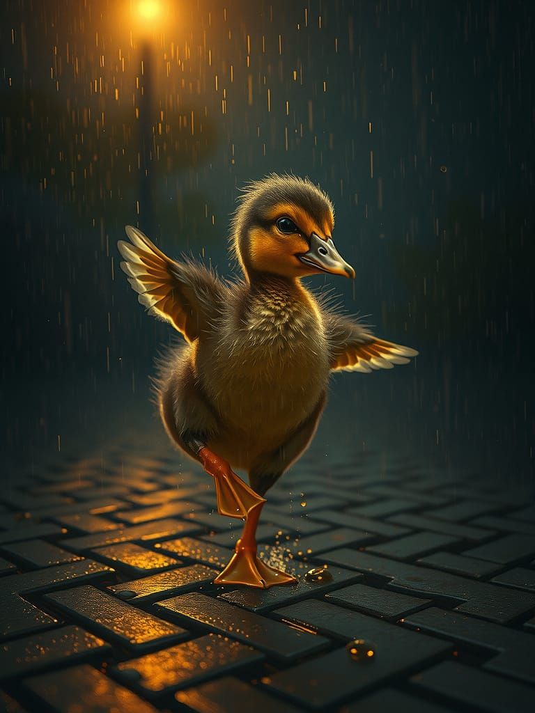 Duckling Dancing in Rain: Photorealistic Cinematic Image