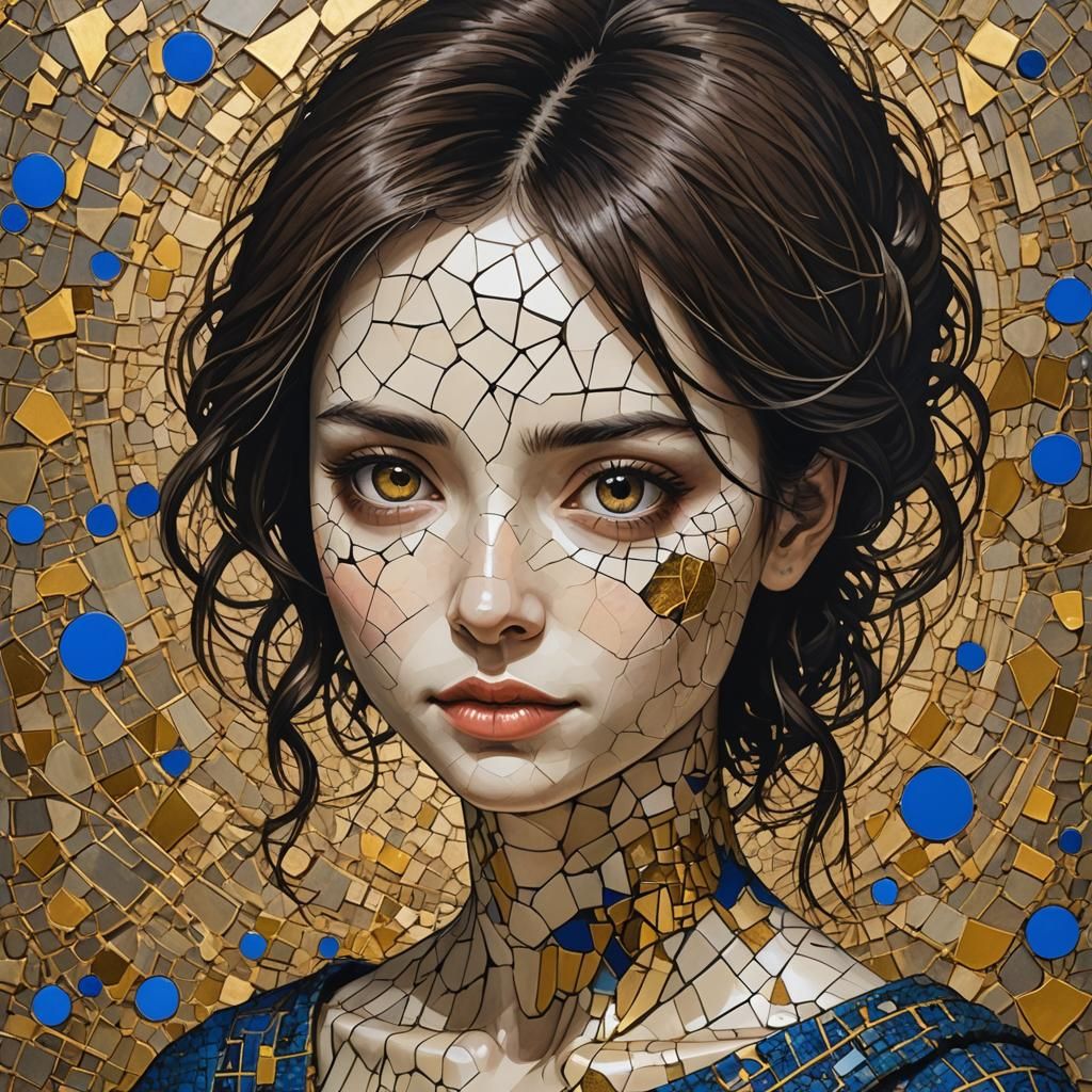 Chibi Woman Portrait with Kintsugi in Pointillism Style