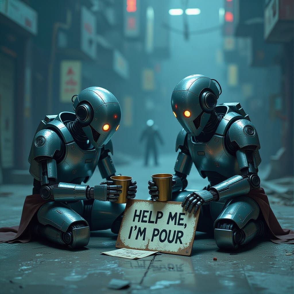 Dystopian Robots Begging for Help in Futuristic Scene