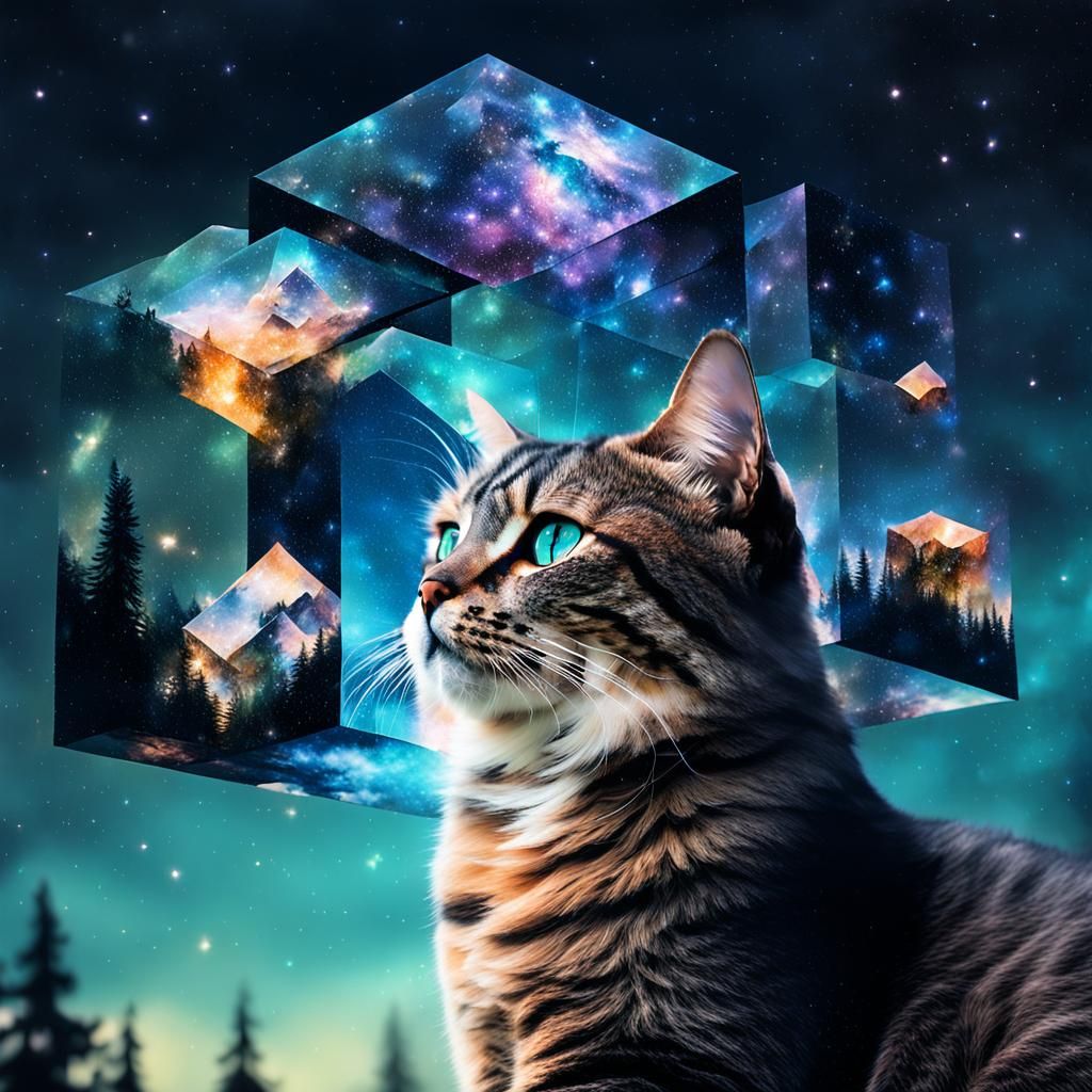 Galaxy Cat: Double Exposure in Cinematic Lighting