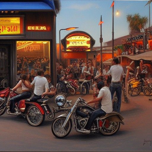 Biker Bar Scene in Oil Painting Style