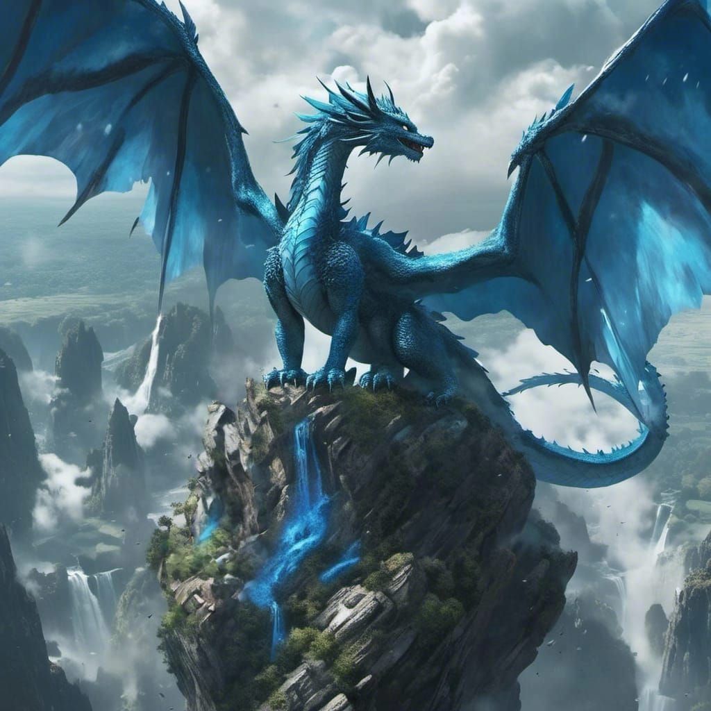 Grey and Blue Dragon on Rock Spire