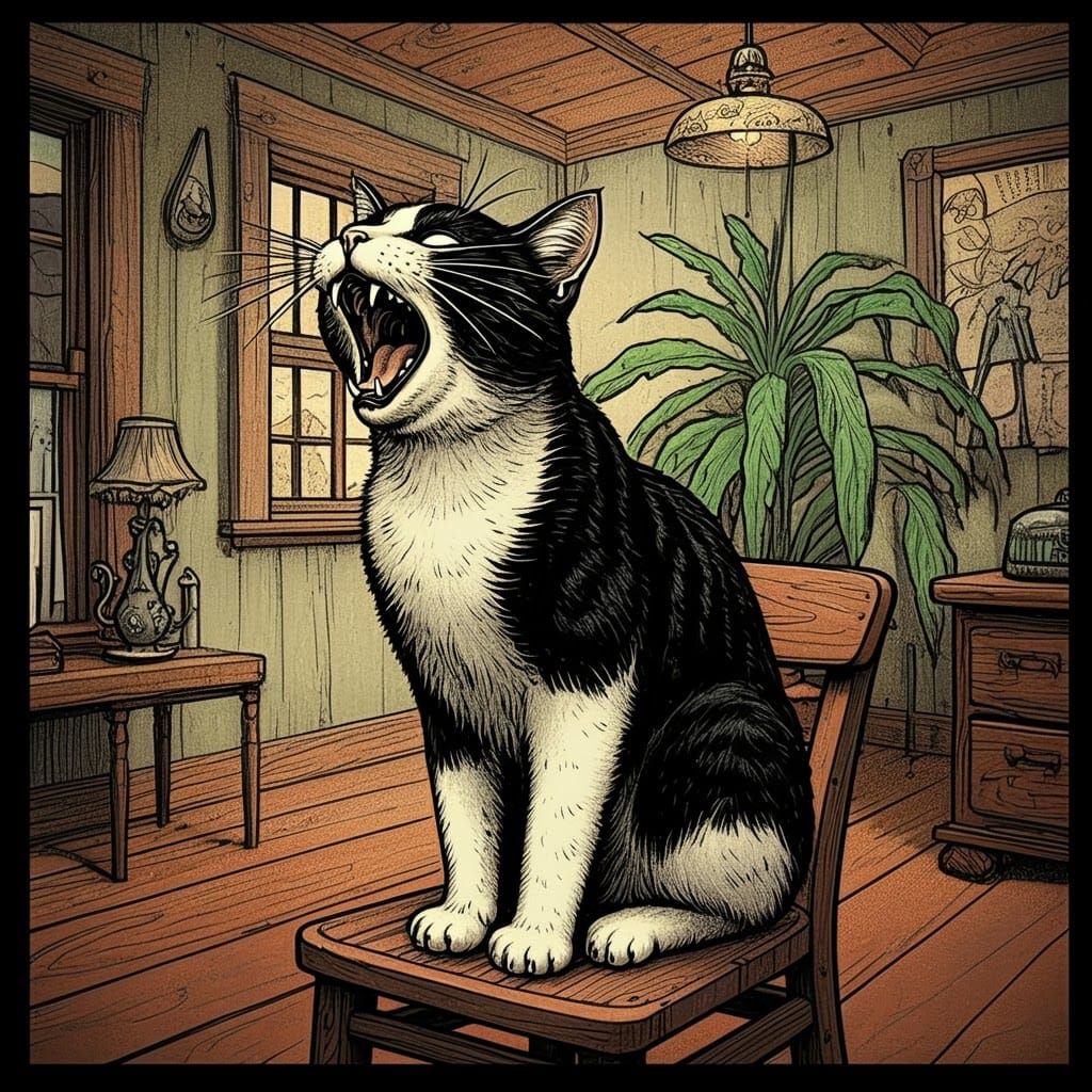 Graphic Novel Illustration of an Open-Mouthed Cat