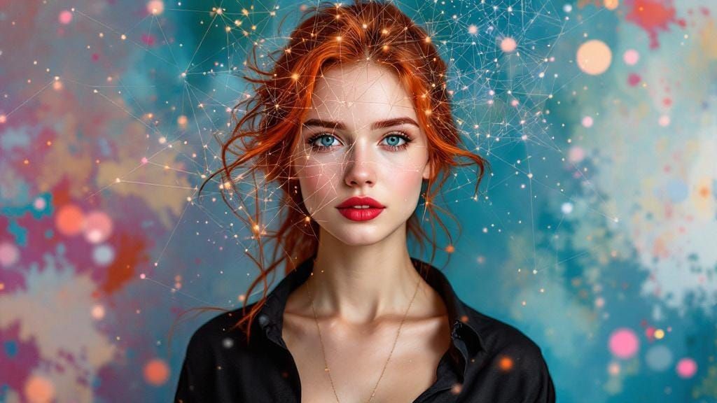 Vibrant Woman with Neural Network Overlay in Art Nouveau Sty...