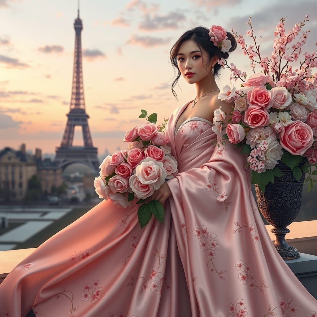 Elegant Parisian-Japanese Goddess with Blossom-Adorned Gown ...
