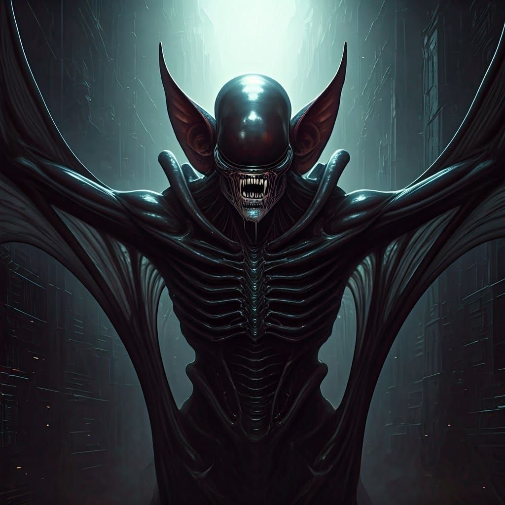 Terrifying Xenomorph-Bat Hybrid in Cyberpunk Cavern