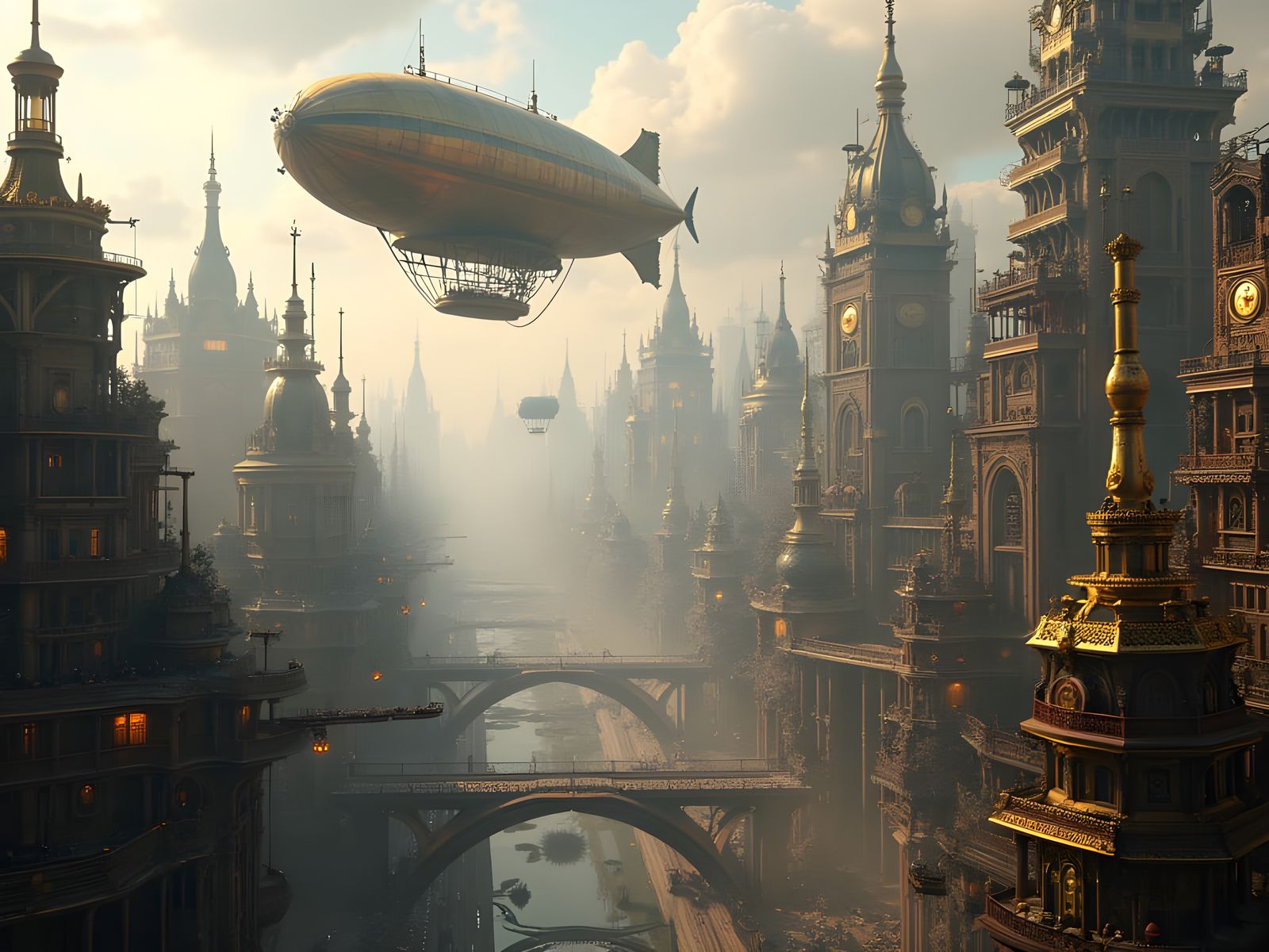 Surreal Steampunk Metropolis with Clockwork Marvels and Airs...