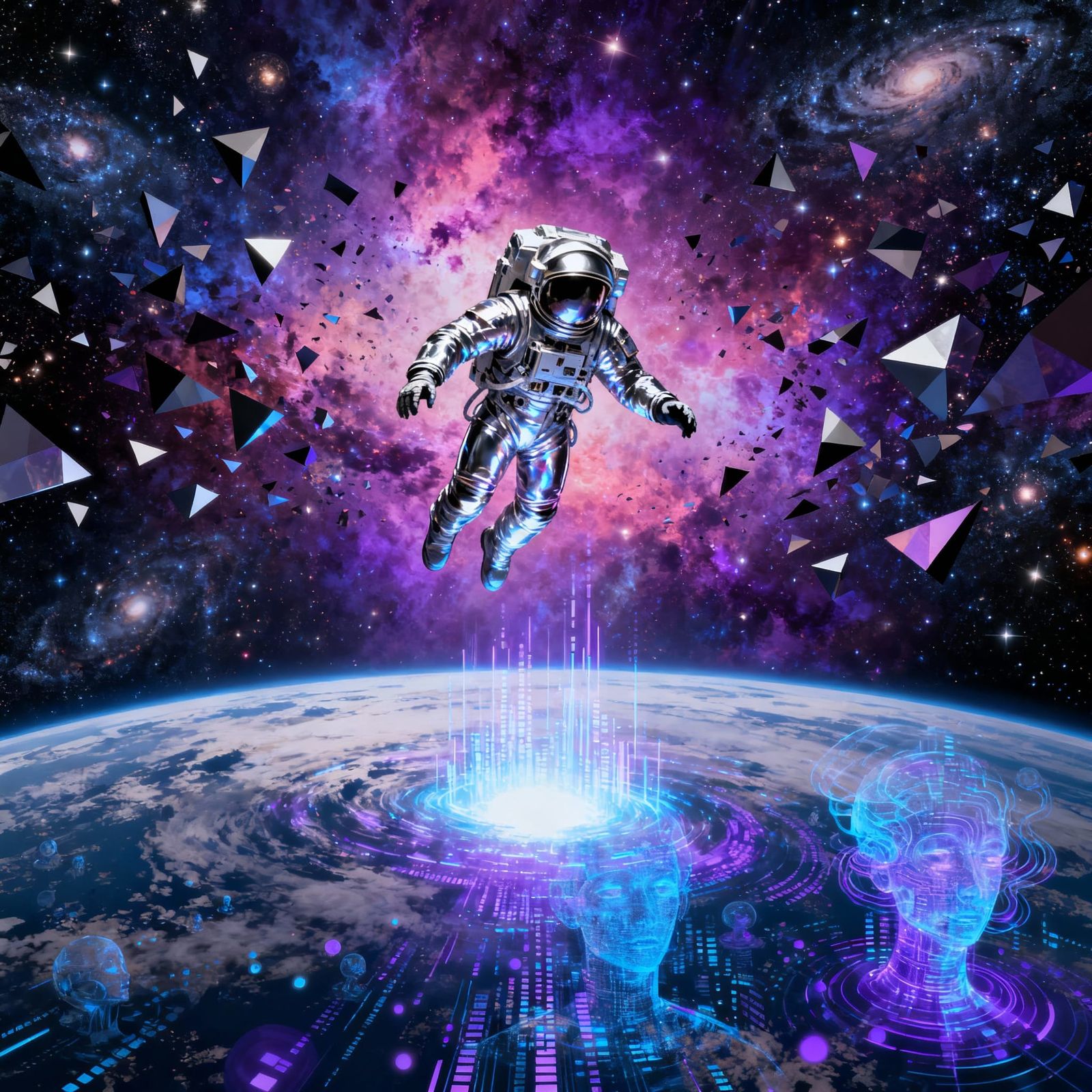 Astronaut Navigates Galactic Nebula with Digital Planet