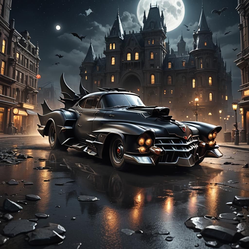 Cadillac Batmobile Cartoon Art at Night