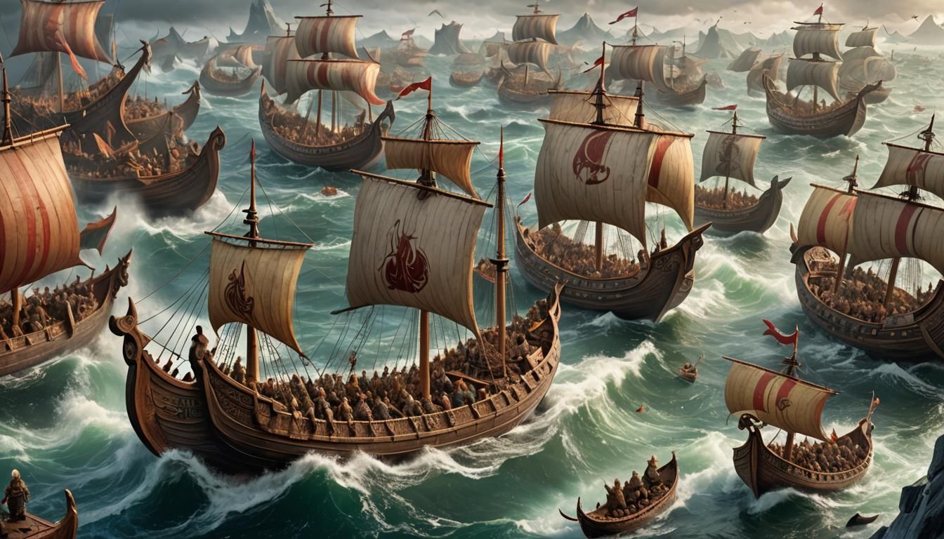 Viking Longship Fleet Sailing on Stormy Seas