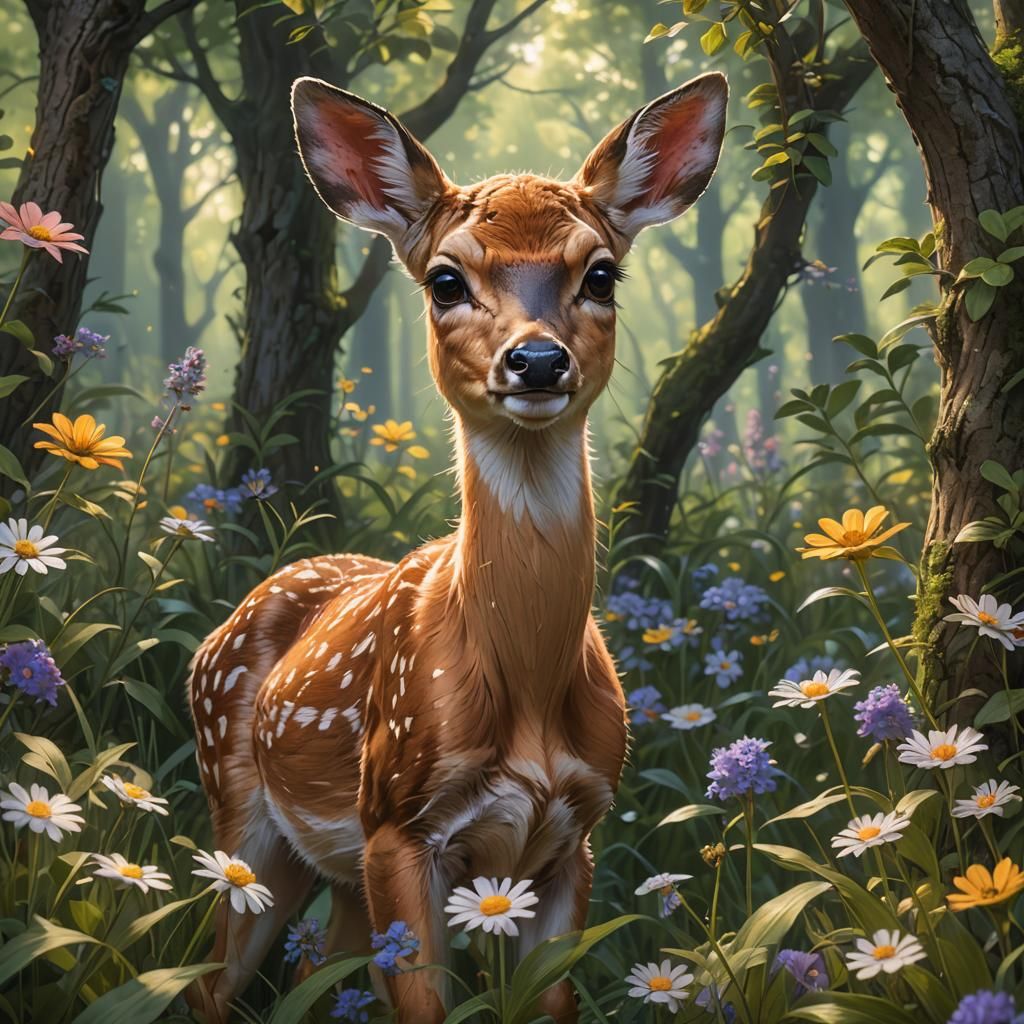 Fawn Portrait in Wildflower Meadow, Detailed Art