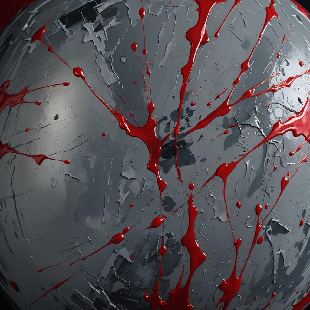 Red Splash on Gray Sphere: Cinematic Oil Painting