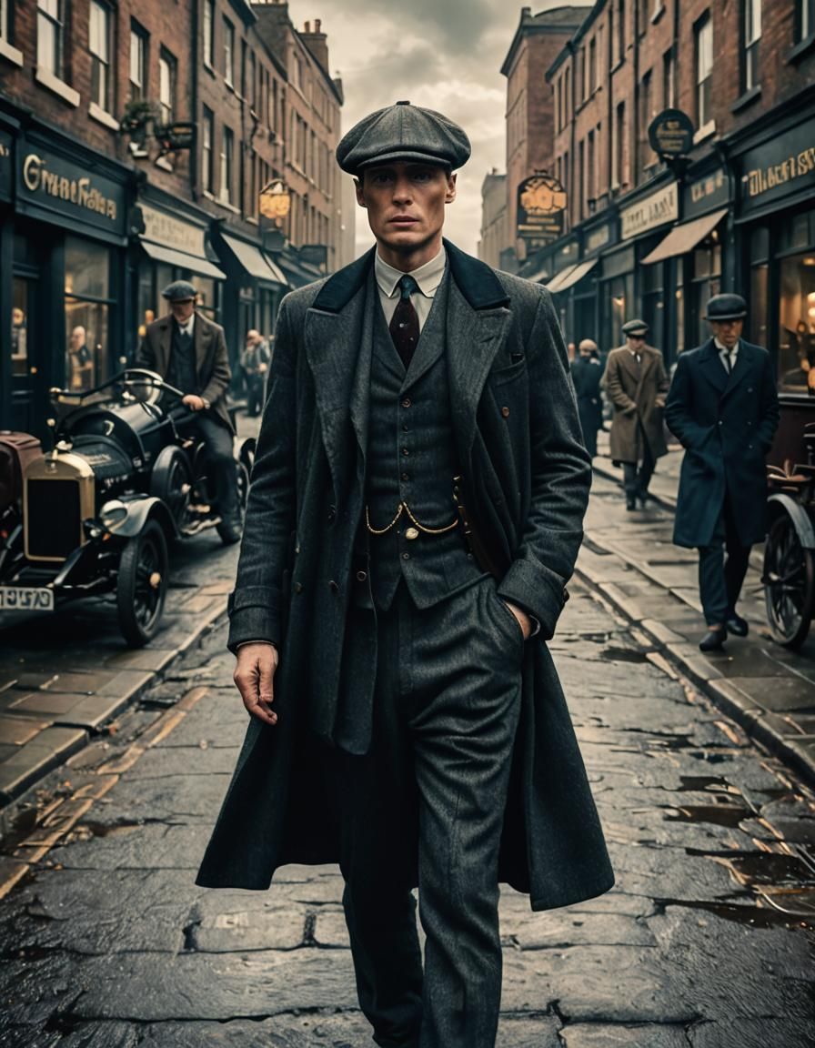 Full body, hyper-detailed image of Cillian Murphy as Peaky Blinders' Thomas Shelby on a Birmingham street. Cinematic fil...