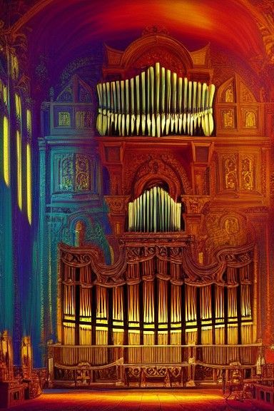 Magnificent Pipe Organ in Detailed Oil Painting