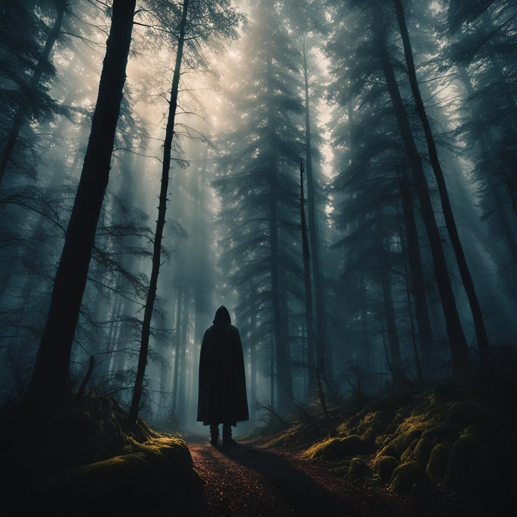 Mysterious Hooded Figure in Misty Forest: Cinematic Still