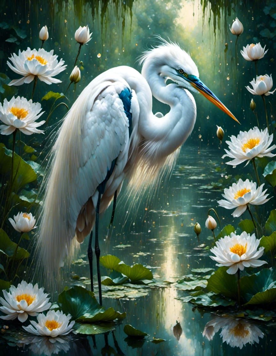 Great Egret in Lotus Pond: Impasto Gouache Painting