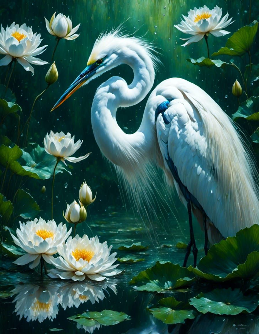Great Egret in Lotus Pond: Impasto Gouache Masterpiece