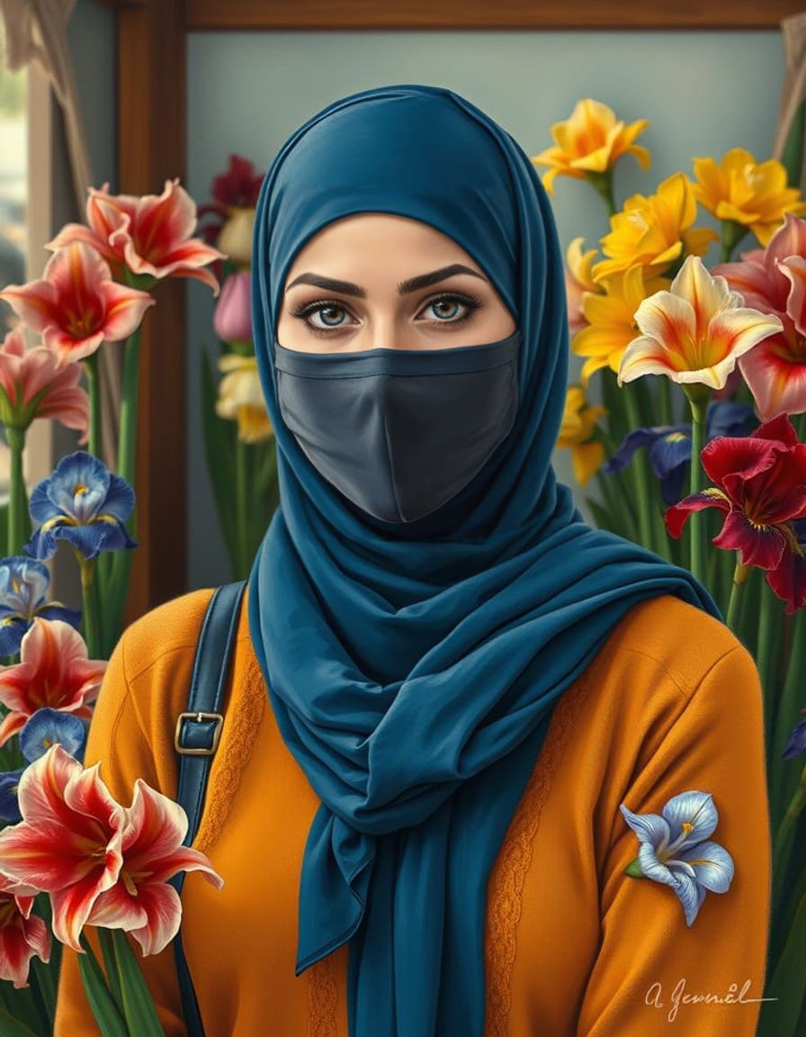 A Swedish Florist in Dark Blue Hijab, Amidst Vibrant Amaryll...