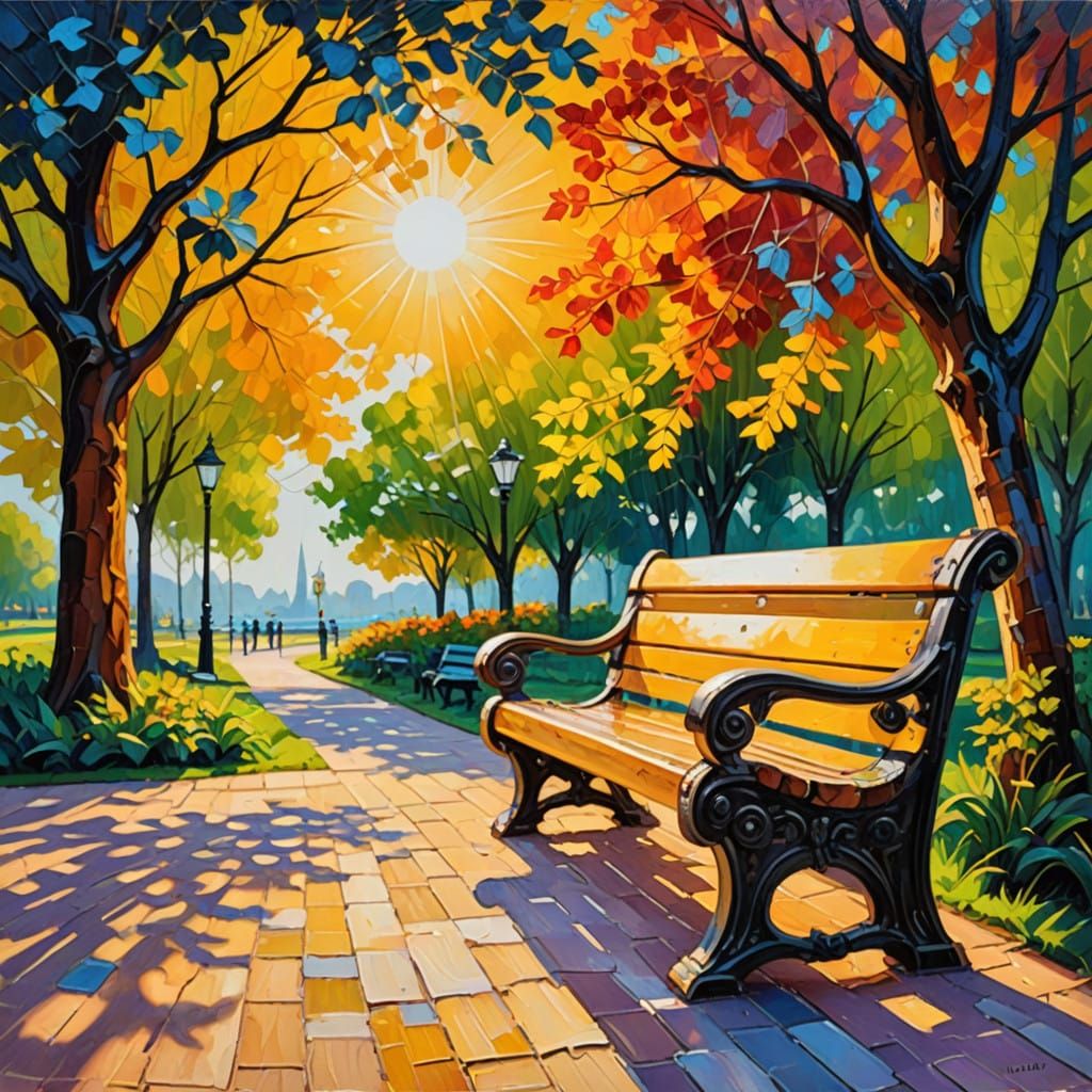 Warmth of a Sunny Park Bench in Neo-Impressionist Style