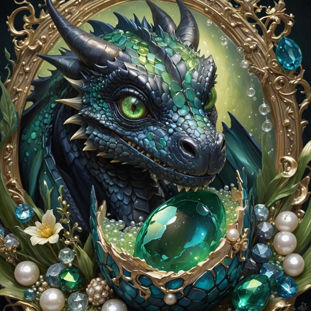 Cute Baby Dragon in Crystal Egg, Hyper-Realistic Art