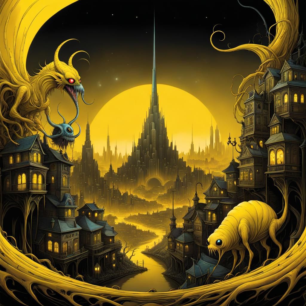 Bizarre Yellow Monster in Psychedelic Surrealist City