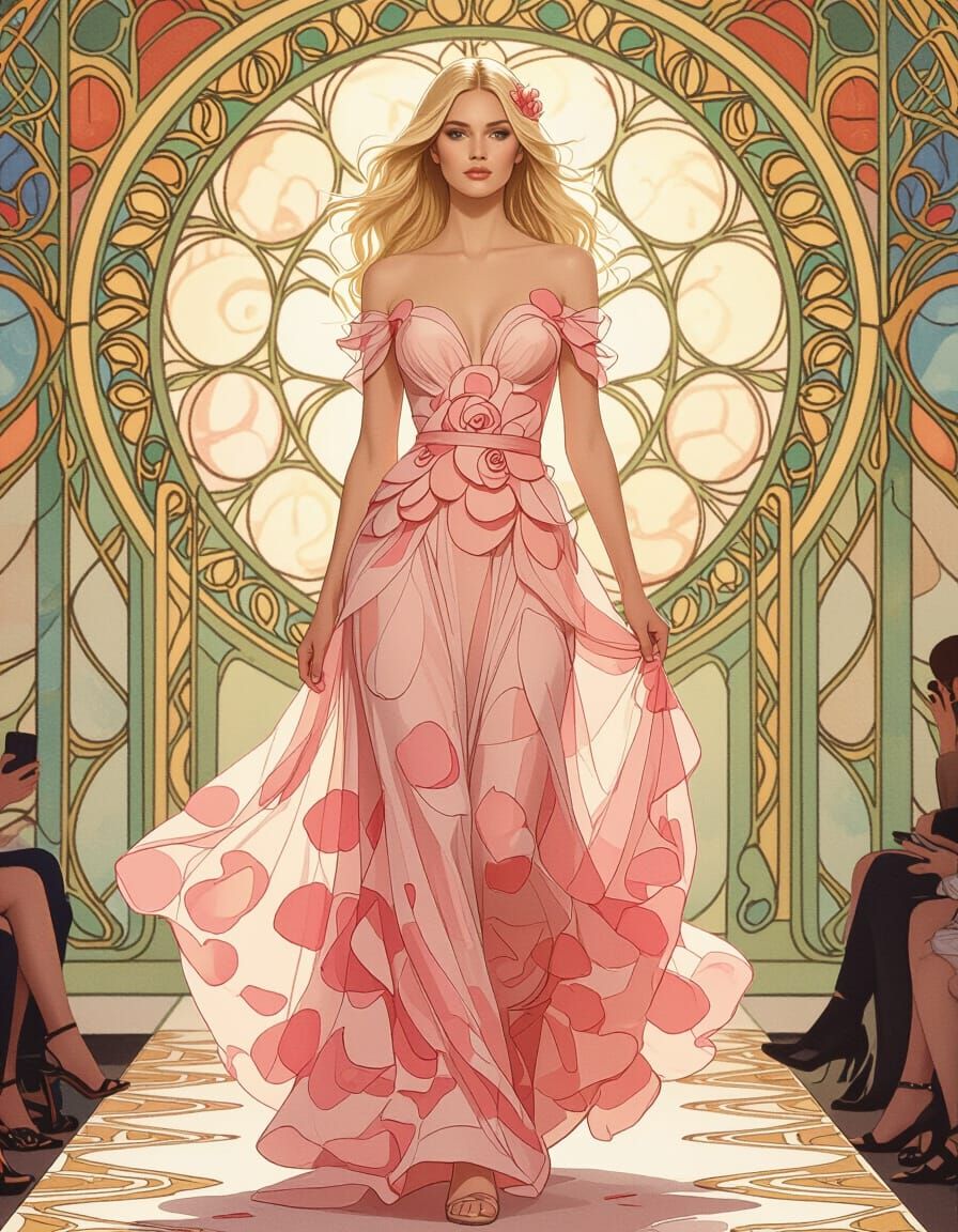 Rose Petal Dress on Runway, Art Nouveau Style