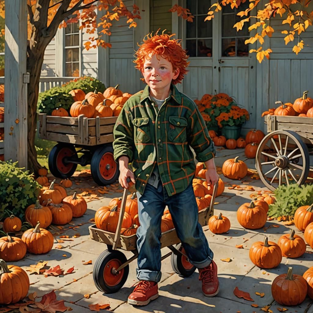 Boy with Pumpkins in Autumn Sunlight