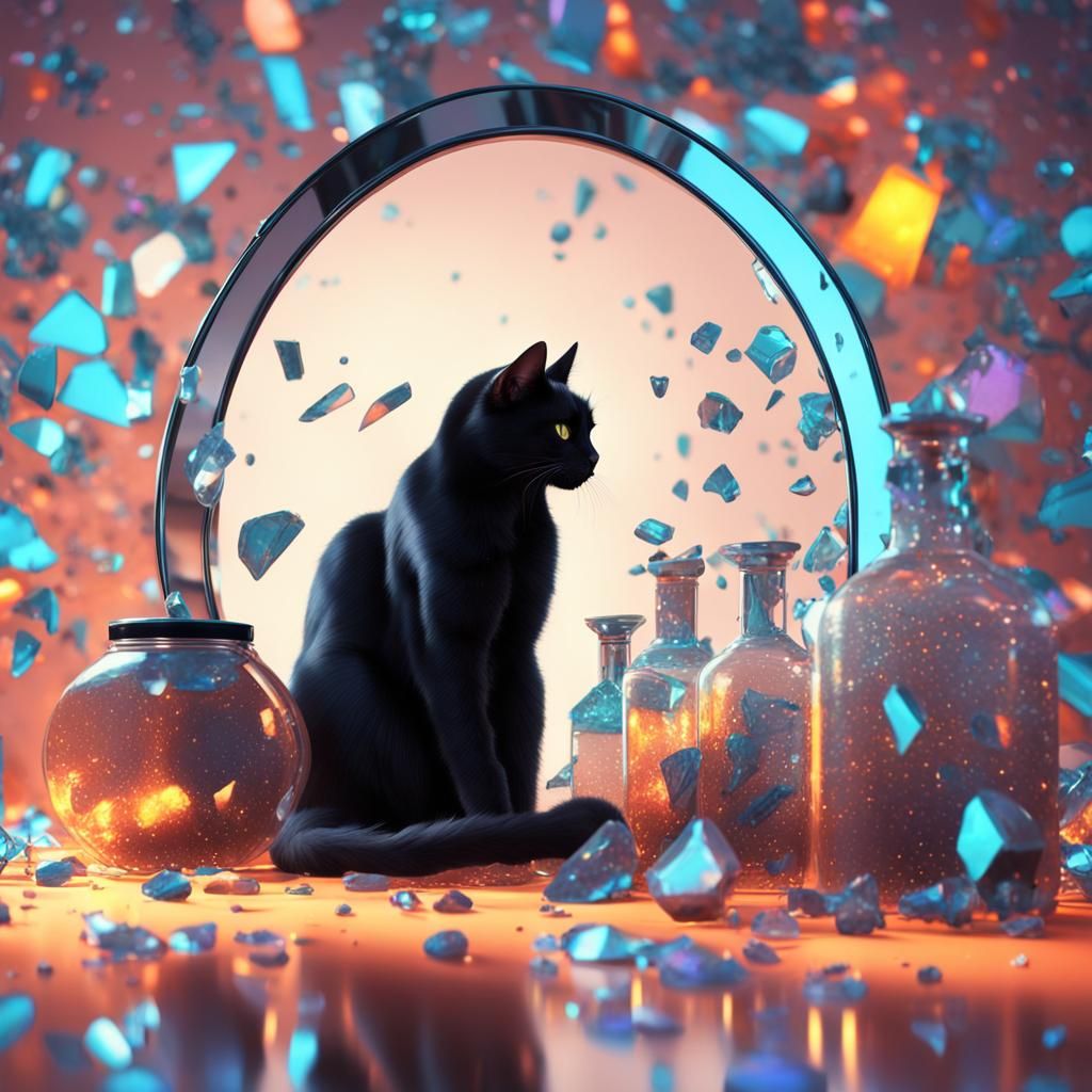 Surreal Black Cat Amidst Shattered Mirror