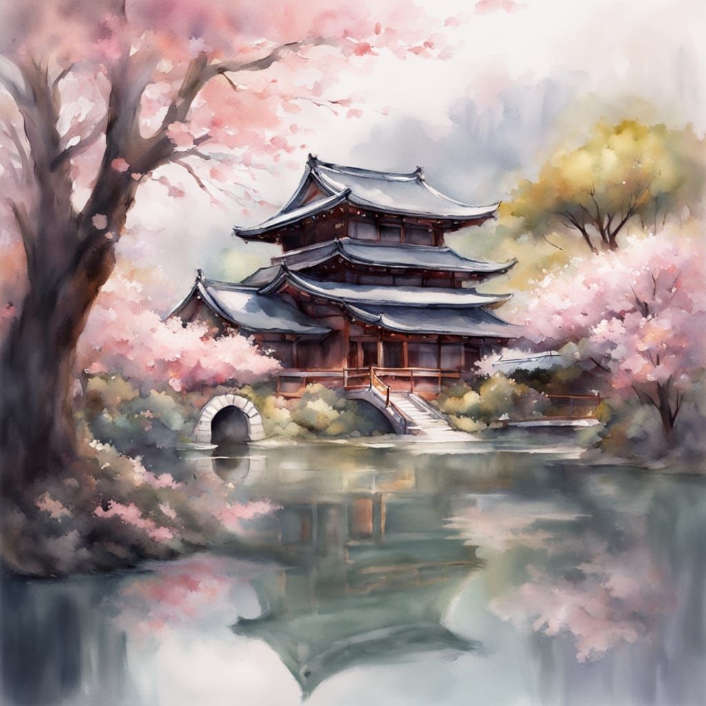 Japanese Temple in Watercolor with Cherry Blossoms