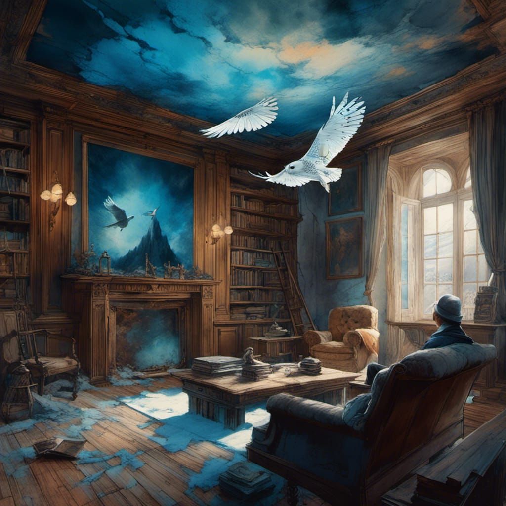 Snowy Owl Flies in Magical Realism Scene