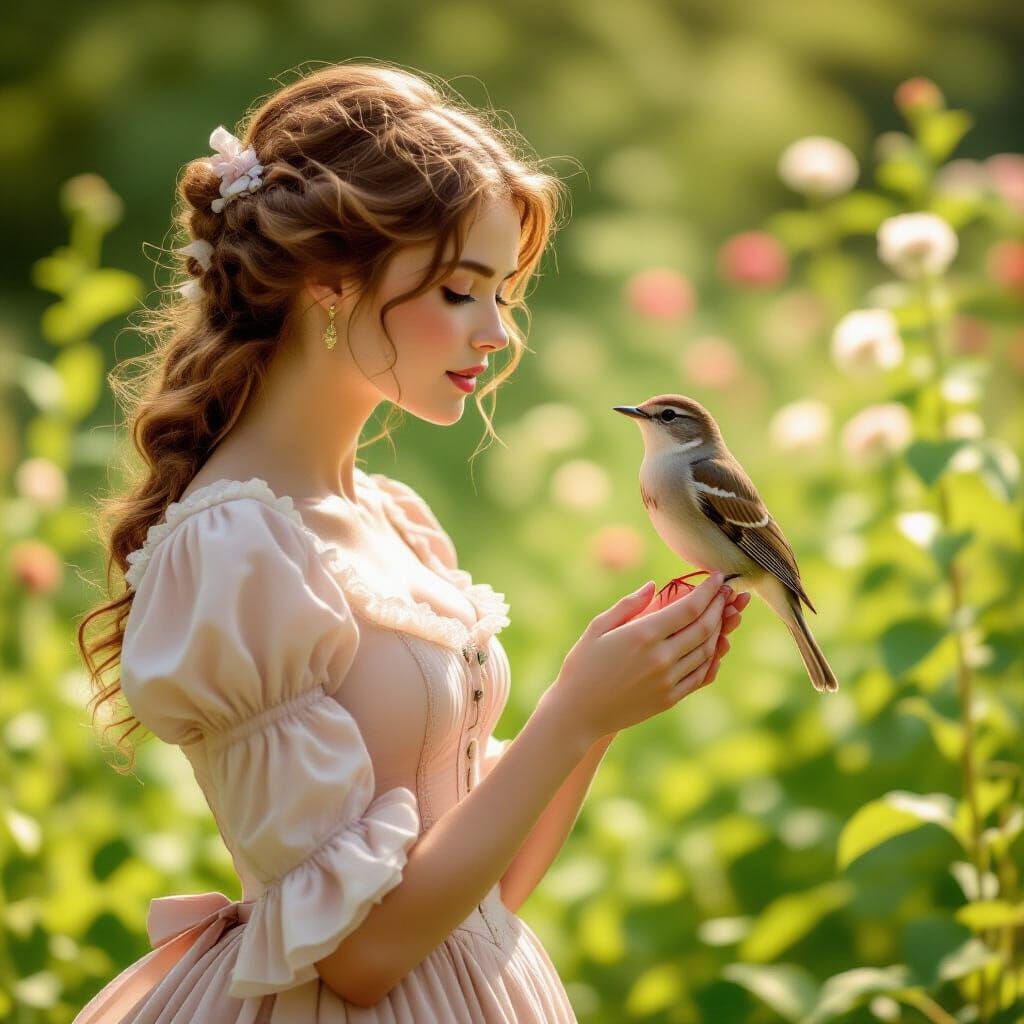 Regency Woman Observes Songbird in English Garden
