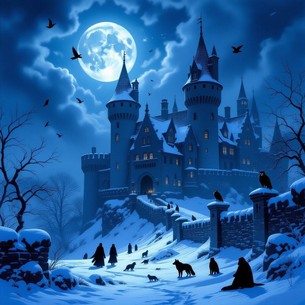 Moonlit Snow Castle with Animals and Figures in Gothic Style