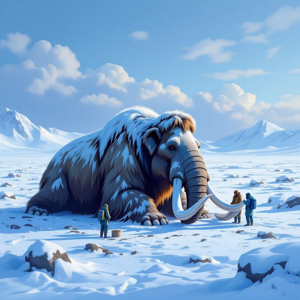 Paleontologists Study Blue Wooly Mammoth on Tundra